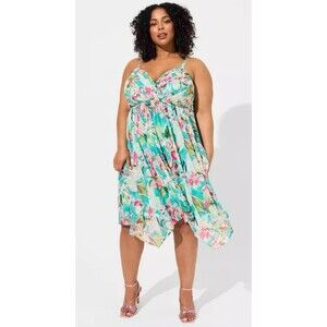 Torrid Tea Length Chiffon Shark Bite Dress 3X Floral Asymmetrical Hem Adjustable